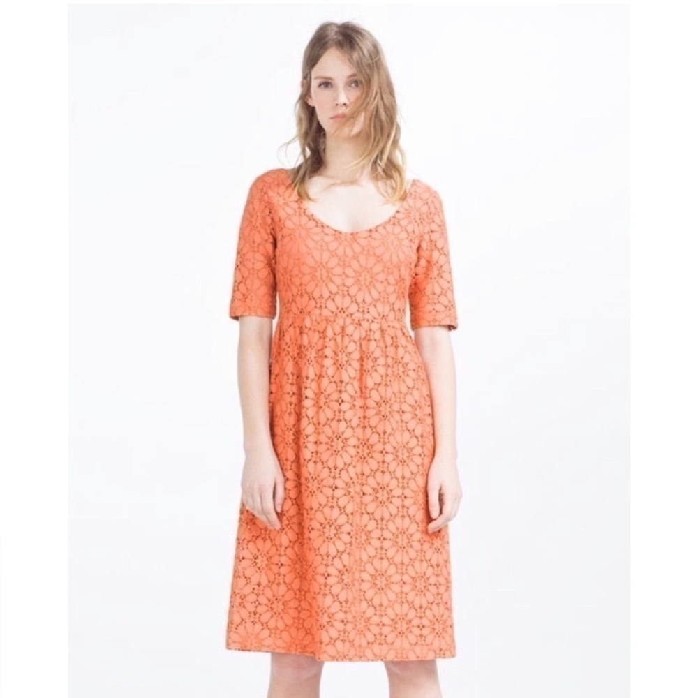 Zara Basic Coral Peach Floral‎ Eyelet Lace MIDI Dress Size Small